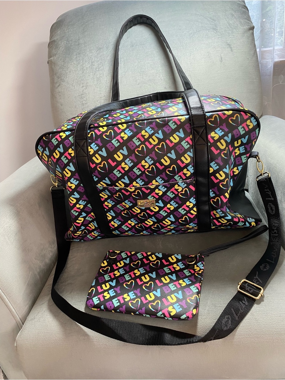 Betsey Johnson Multicolor 'LUV' Logo Large Weekender Duffel with Matching Pouch